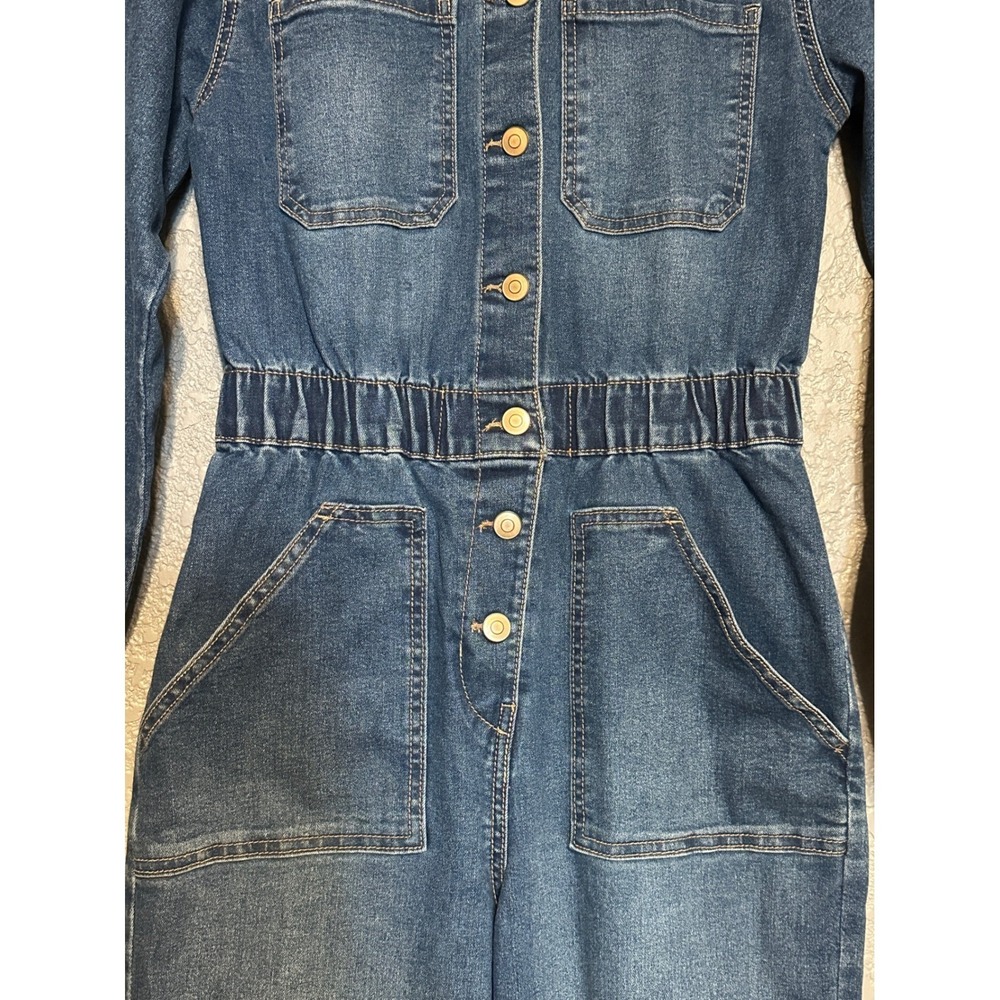 Celebrity Pink Womens Denim Straight leg Jumpsuit Dark Wash Elastic Waist XS - Picture 3 of 16